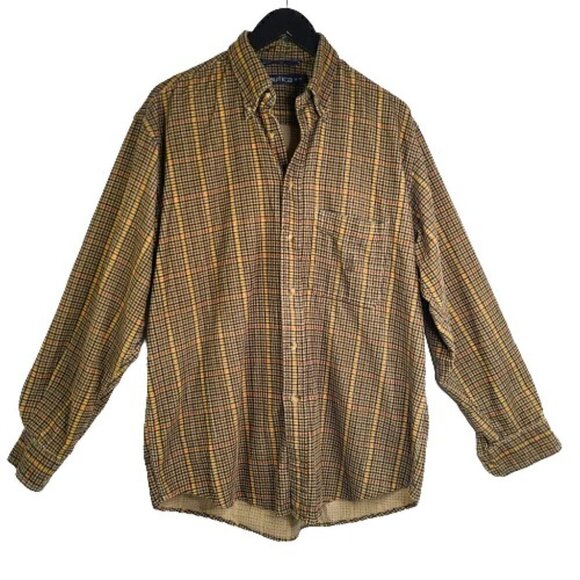 Vintage Nautica Brown Burnt Orange Plaid Button Up Shirt Flannel Shacket - Picture 1 of 6